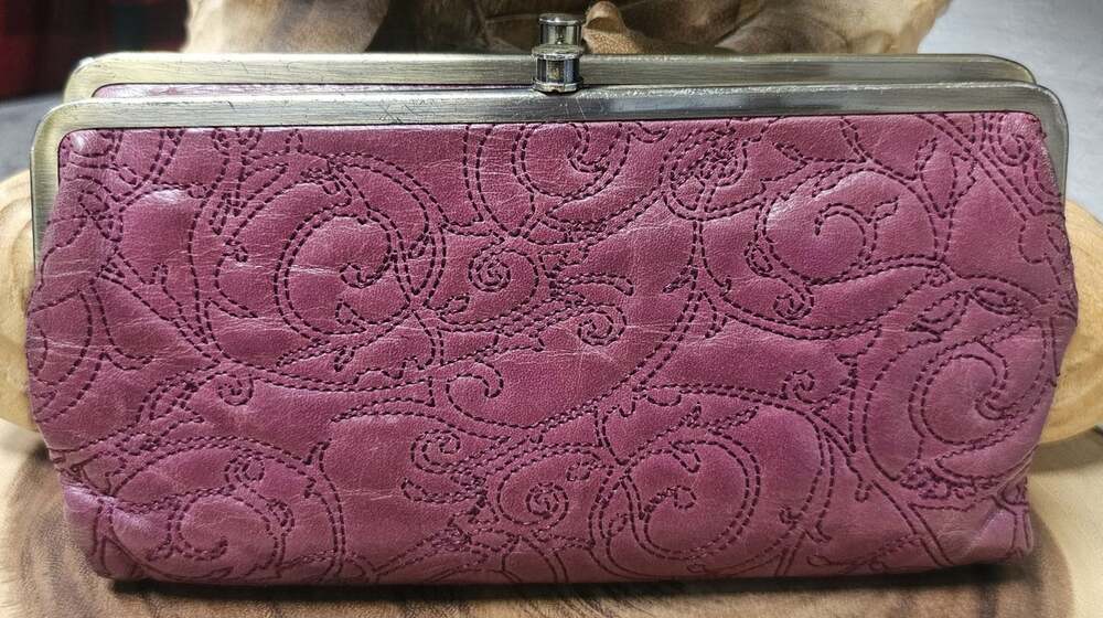 Hobo International Lauren Purple Mulberry Embroidered Leather Clutch Wallet